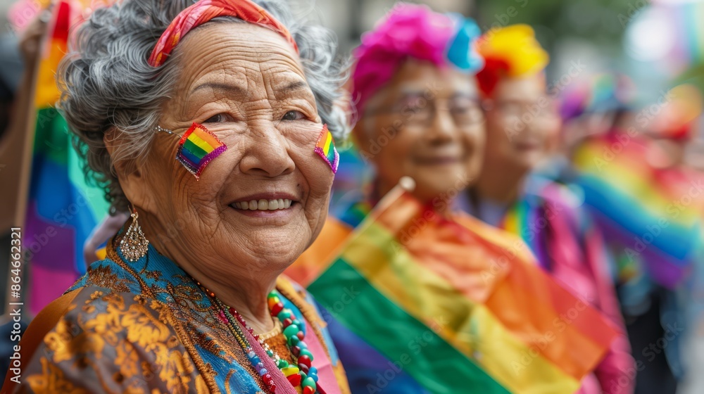 elder LGBTQ group participating in a colorful pride parade, proudly displaying rainbow flags and wearing vibrant clothing, celebrating diversity and inclusion, with ample copy space for text elder LGBTQ group participating in a colorful pride parade, proudly displaying rainbow flags and wearing vibrant clothing, celebrating diversity and inclusion, with ample copy space for text