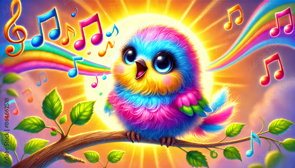Naklejka premium Fluffy, colorful bird sits on a branch and sings a little song at sunrise