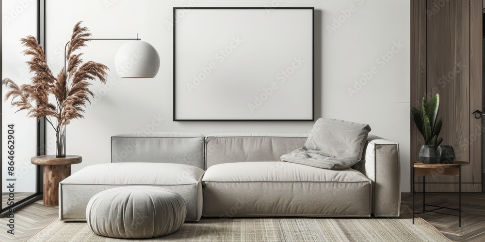 The minimal interior design of the living room features a large white sofa, plants, and a stylish coffee table. There is a blank frame on the wall. The minimal interior design of the living room features a large white sofa, plants, and a stylish coffee table. There is a blank frame on the wall.
