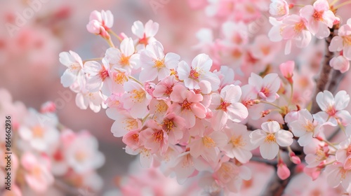 a beautiful cherry blossom tree in full bloom, the delicate pink flowers creating a soft and enchanting background, with ample copy space for text © thekob5123