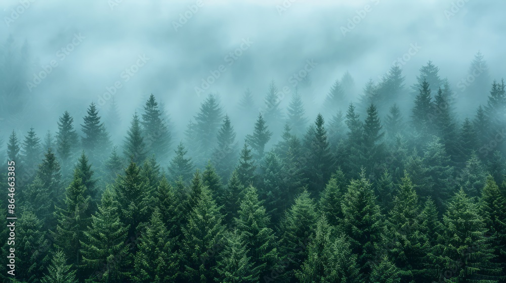 a misty morning in a dense pine forest, the fog creating an ethereal and mysterious atmosphere, perfect for a serene background, with clear copy space for text a misty morning in a dense pine forest, the fog creating an ethereal and mysterious atmosphere, perfect for a serene background, with clear copy space for text