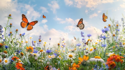 a serene meadow filled with wildflowers and butterflies, the scene bursting with color and life, creating a cheerful and natural background, with plenty of copy space for text