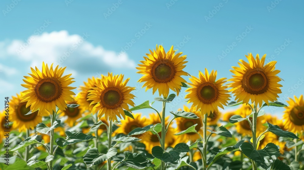 a vibrant field of sunflowers under a bright blue sky, the tall flowers creating a cheerful and lively background, with ample copy space for text a vibrant field of sunflowers under a bright blue sky, the tall flowers creating a cheerful and lively background, with ample copy space for text