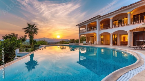 beautiful mansion with a large pool and palm trees on a sunset © Marco