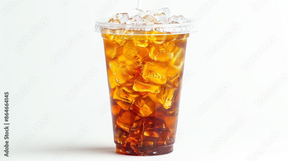 Clear plastic cup filled with Iced Oolong Tea and a lid, isolated white background, studio light for focused advertising Clear plastic cup filled with Iced Oolong Tea and a lid, isolated white background, studio light for focused advertising