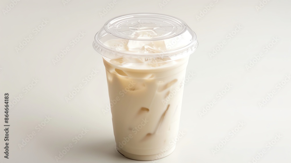 Clear plastic cup filled with Iced Horchata and a lid, isolated white background, studio light for focused advertising Clear plastic cup filled with Iced Horchata and a lid, isolated white background, studio light for focused advertising