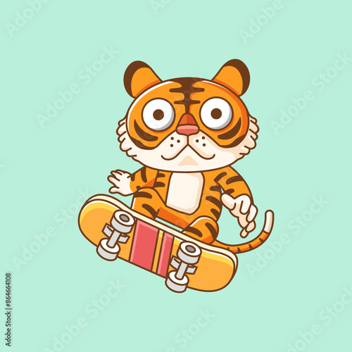 Cute tiger Playing Skateboard jump animal kawaii chibi character mascot illustration outline style
