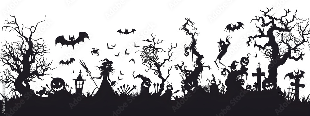 A Halloween scene with witches, bats, and skeletons A Halloween scene with witches, bats, and skeletons