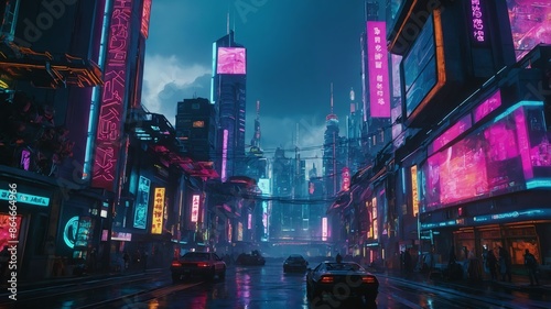 colorful theme metaverse cyberpunk tech city landscap landscape © SevenThreeSky