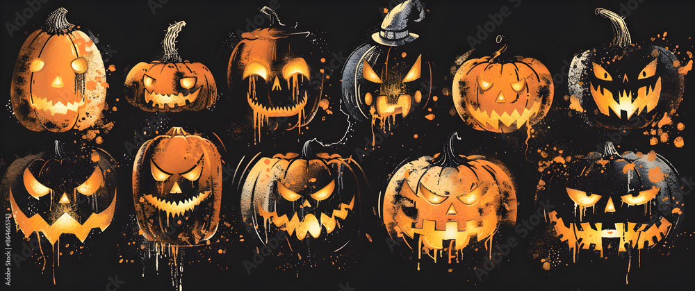 A row of pumpkins with paint dripping from them, some with faces painted on them A row of pumpkins with paint dripping from them, some with faces painted on them