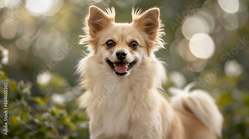 Cute Cream-colored Dog with Perked Ears and a Happy Expression