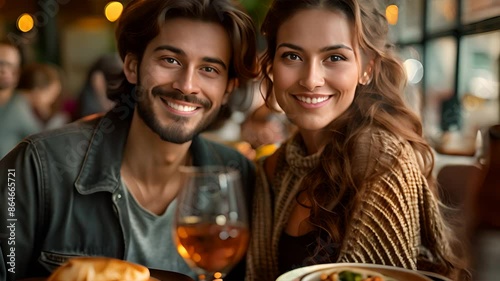 indian couple aged between 20 -25 eating chole bhature in a restaurant, modern clothing,generative ai photo