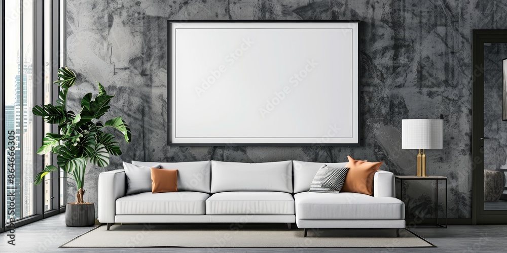 Blank wall mockup with a modern sofa and a plant in the interior.
