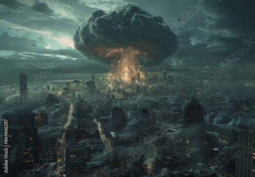 Nuclear Explosion Over City Skyline at Sunset