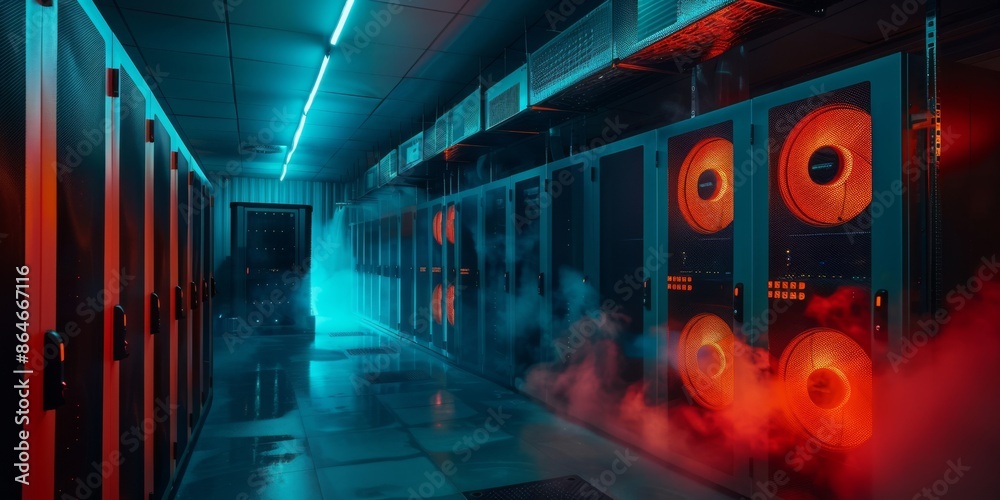 A photograph of a server room with overheating equipment, fans working