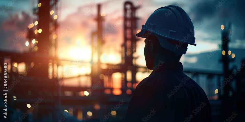 Oil and gas worker at sunset in hard hat at an industrial plant Oil and gas worker at sunset in hard hat at an industrial plant