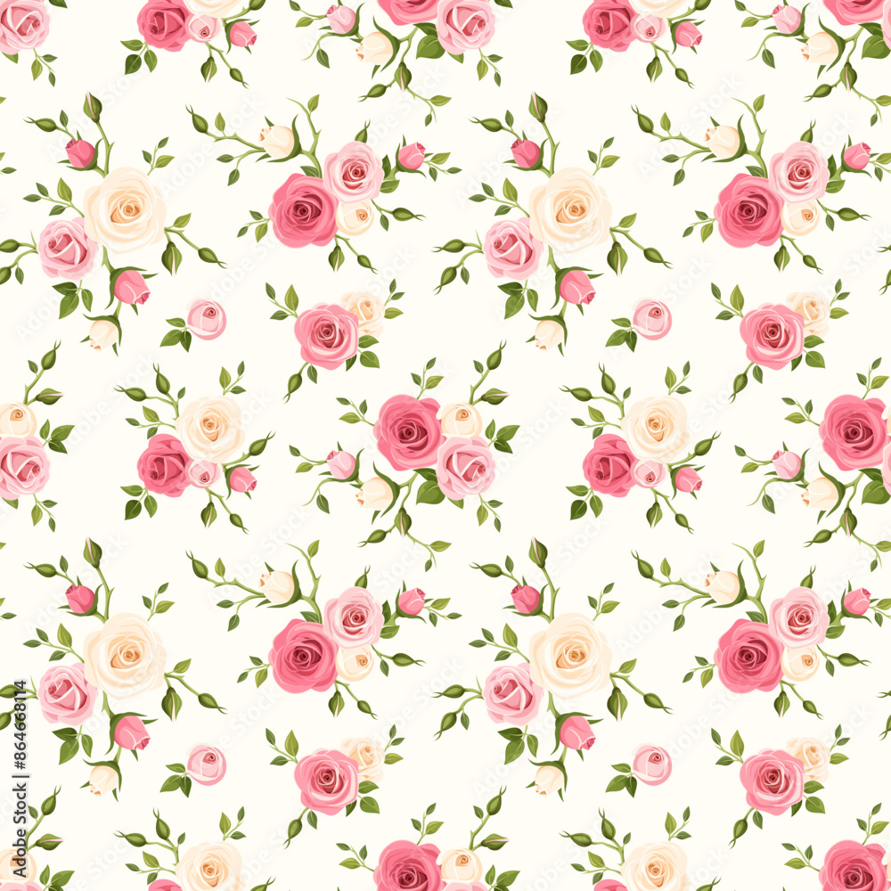 Floral seamless pattern with pink and white rose flowers and green leaves. Vector floral print Floral seamless pattern with pink and white rose flowers and green leaves. Vector floral print