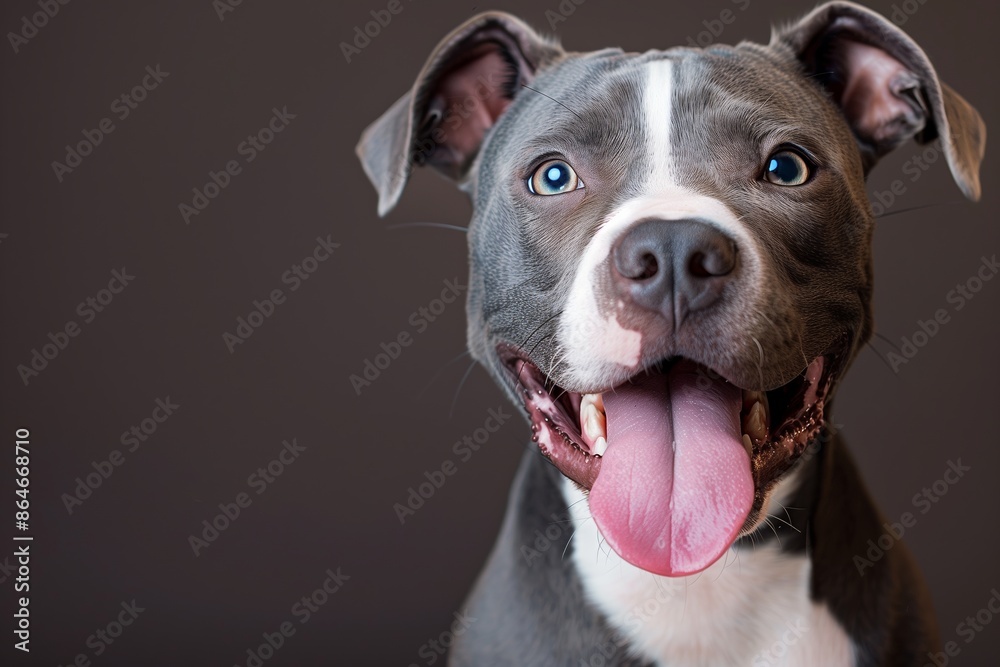 Cheerful White and Blue Pit Bull Terrier Mix With Tongue Out Cheerful White and Blue Pit Bull Terrier Mix With Tongue Out