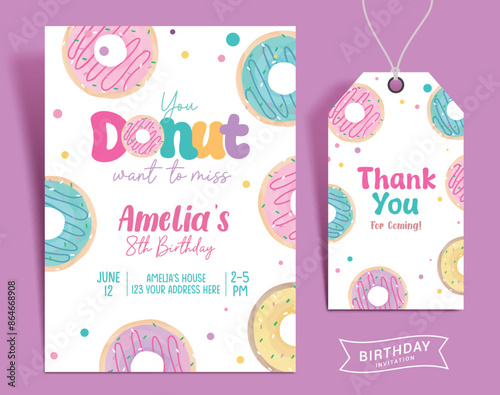 Birthday girl invitation card vector template design. Donut birthday invitation and thank you card template for girl party gift tags background. Vector illustration greeting design. 
