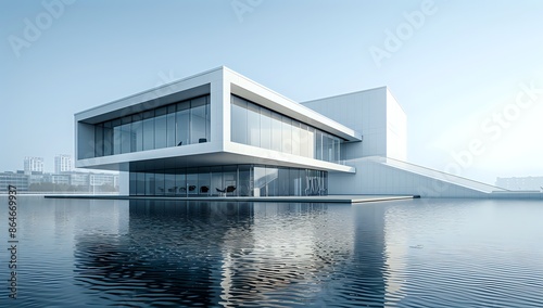 Modern, minimalist white building with large windows overlooking the water. Concept of architecture, design, luxury, and real estate.