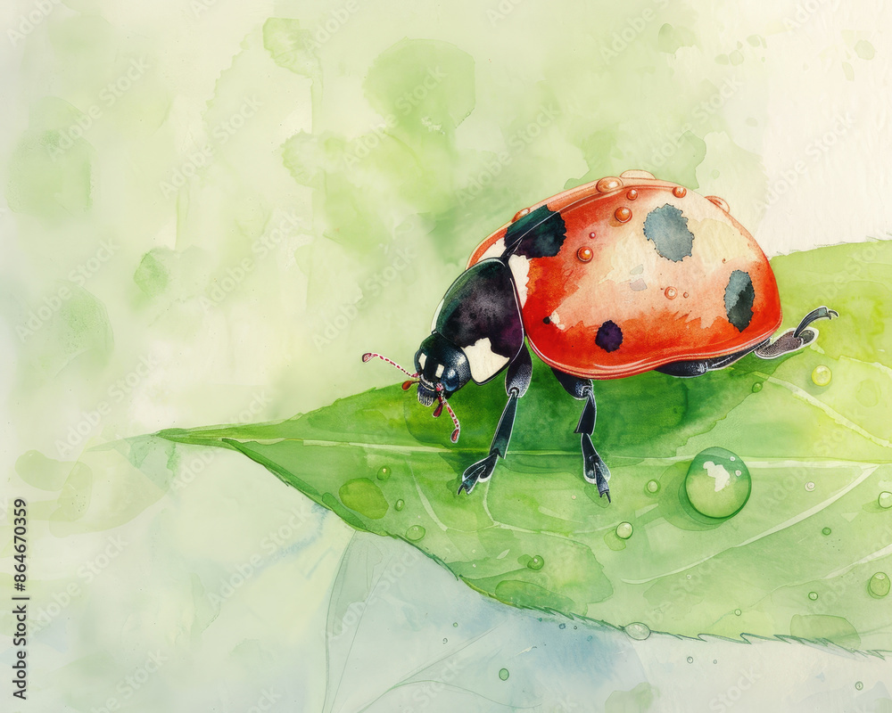 Obraz premium Watercolor Illustration of a Ladybug on a Leaf with Dew Drops in a Natural Setting