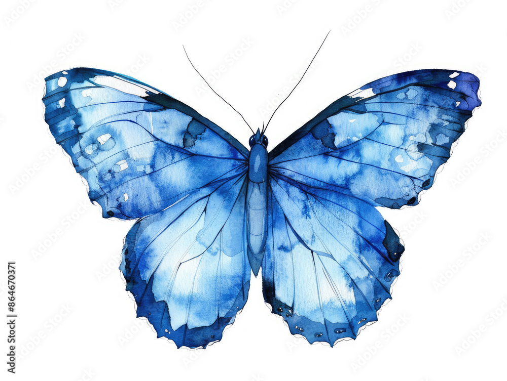 Fototapeta premium Blue Butterfly Watercolor Illustration on White Background