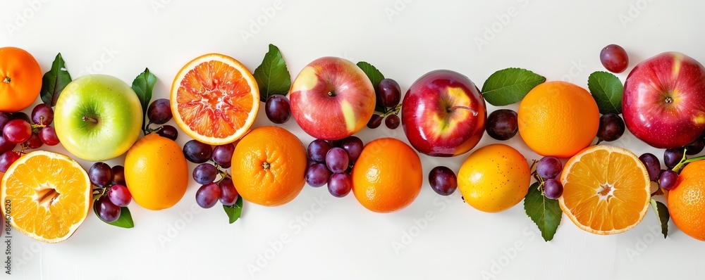Fresh, colorful fruits arranged in a row on white background. Healthy eating concept with apples, oranges, and grapes. Fresh, colorful fruits arranged in a row on white background. Healthy eating concept with apples, oranges, and grapes.
