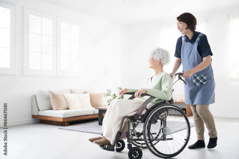 Caregiver pushing wheelchair at home and senior woman's whole body
For job opportunities and career changes in home nursing and day care (day service) care, with copy space on the left. Caregiver pushing wheelchair at home and senior woman's whole body
For job opportunities and career changes in home nursing and day care (day service) care, with copy space on the left.