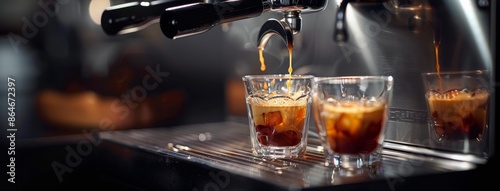 Espresso Pouring Into Clear Glass Cups on Metal Drip Tray