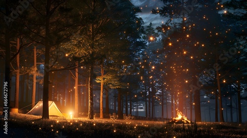 Family picnic in the woods with fire, Spring or autumn camping with campfire at night, camping, travel, tourism, hike and people concept
