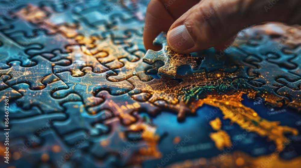 A detailed close-up of a hand placing the final piece in a complex puzzle, symbolizing the completion of a successful project A detailed close-up of a hand placing the final piece in a complex puzzle, symbolizing the completion of a successful project