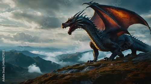 dragon with red feathers on the rock with open mouth  photo