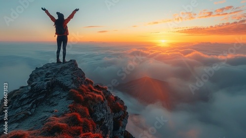 A person standing at the edge of a cliff with arms raised, symbolizing overcoming obstacles and reaching new heights