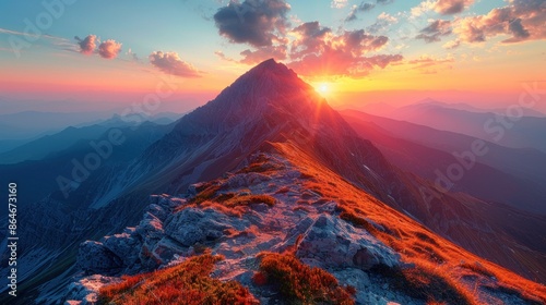A serene mountain peak at sunrise, symbolizing the pinnacle of personal achievement photo