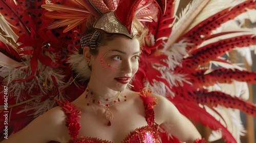 Beautiful young woman with long blond hair, blue eyes, and a red feathered headdress. photo