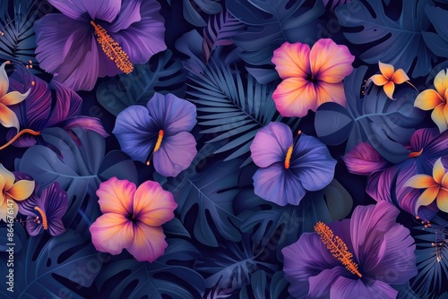 Seamless floral pattern with bright colorful flowers and tropical leaves Elegant template ,Romantic violet flwers background. © Zoraiz