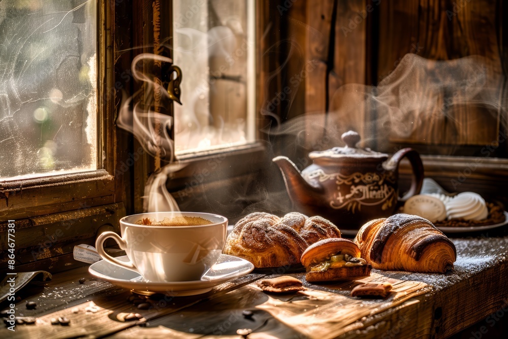 A cup of tea with pastries on a window sill with steam rising from the cup. A cup of tea with pastries on a window sill with steam rising from the cup.