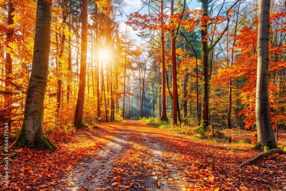 Obraz premium Autumn foliage on trees in forest with sun shining through the branches and a path leading through it. Fall season landscape scene.