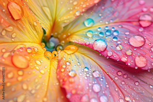 macro photography of water droplets on vibrant flower petals creating prismatic effect jewellike clarity soft bokeh background natures hidden beauty revealed photo