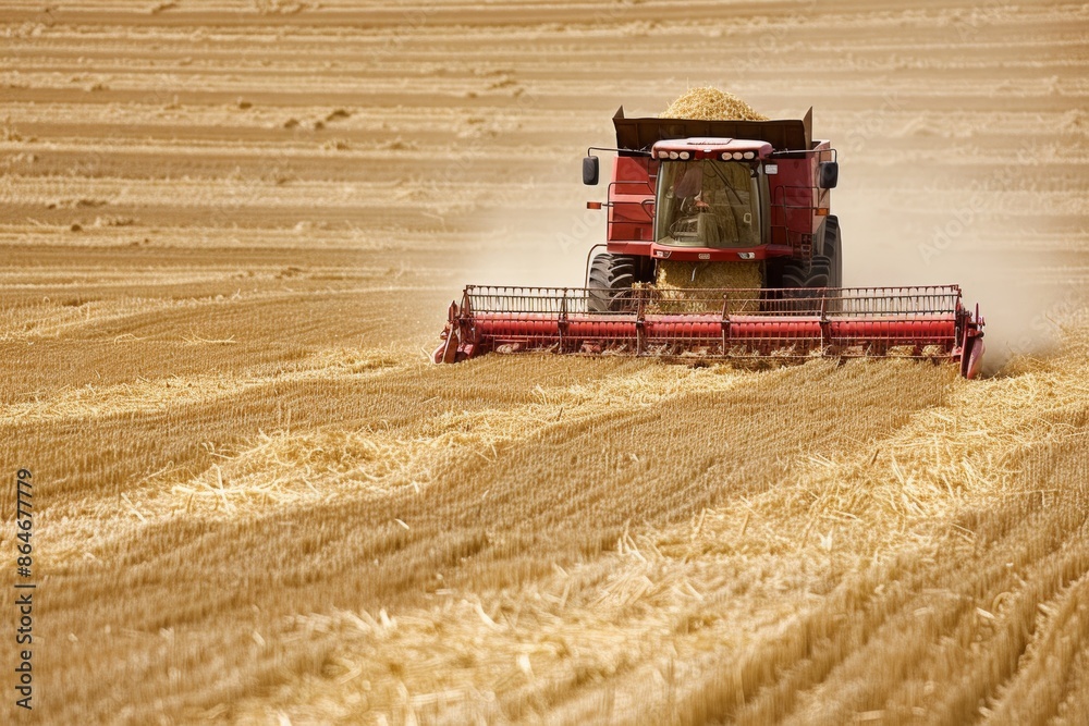 Fototapeta premium Red combine harvester harvesting wheat field during summer. Agriculture, farming, grain, harvest, agricultural machinery, farming machinery.