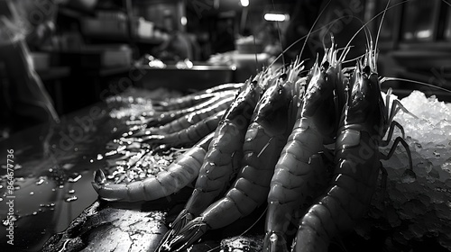 Captivating Frozen Shrimp Display with Dramatic Lighting and Surreal Aesthetics photo