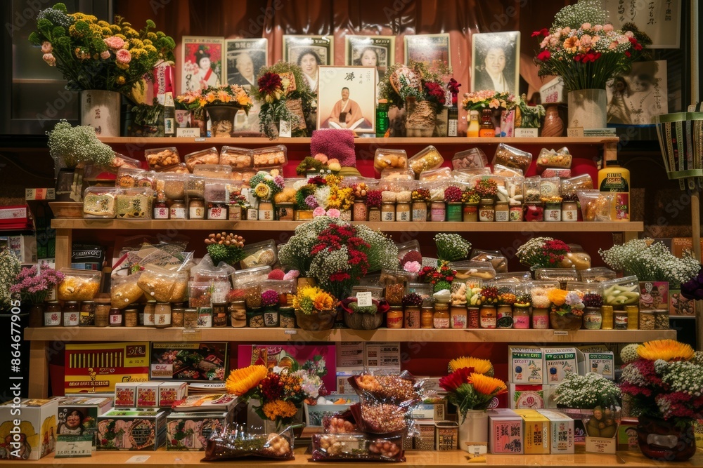 Traditional Japanese shrine offerings on a shelf with various food, flowers, and pictures. Concept of religious belief, tradition, and cultural heritage. Traditional Japanese shrine offerings on a shelf with various food, flowers, and pictures. Concept of religious belief, tradition, and cultural heritage.