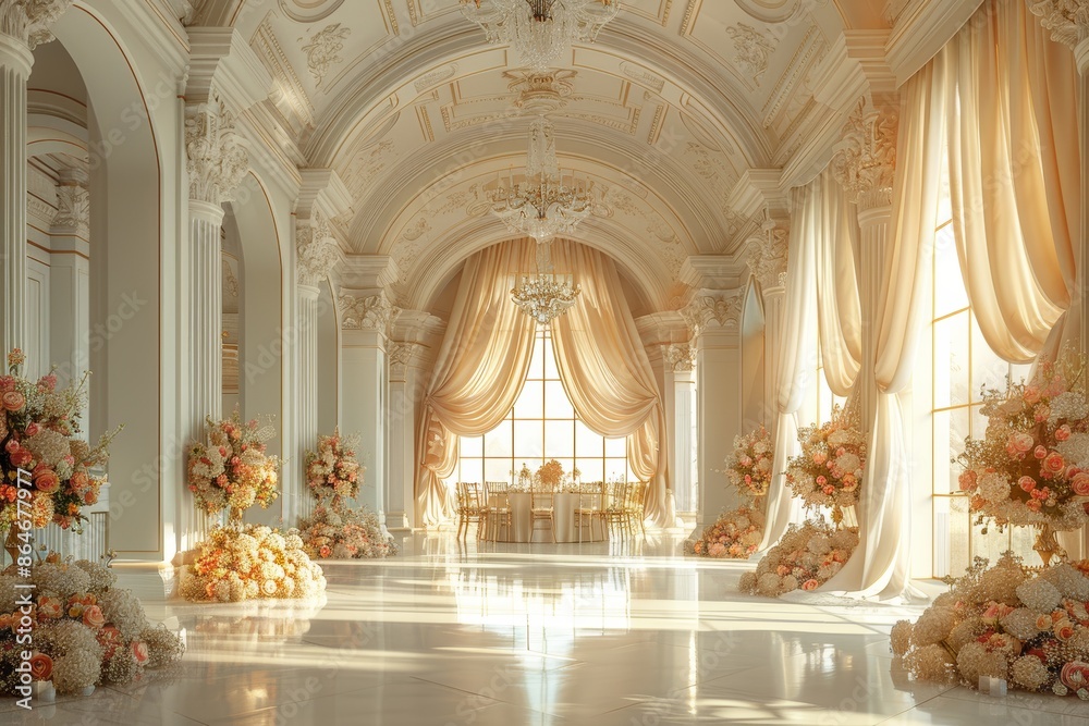 Fototapeta premium Grand ballroom with large windows, high ceilings, and beautiful decorations for a wedding reception or event. Luxurious interior design with antique furniture and floral arrangements.