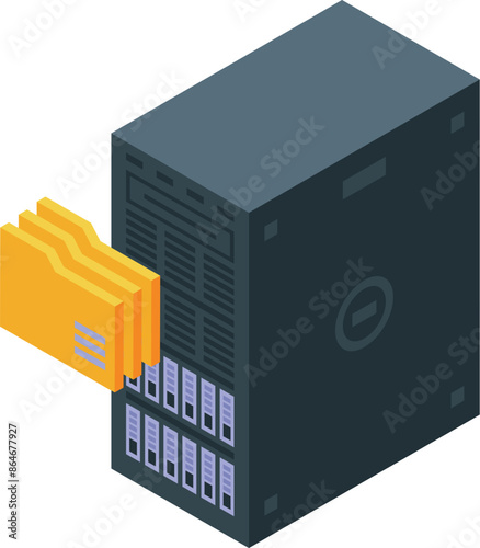 Isometric icon of a data server storing folders, representing data processing and storage