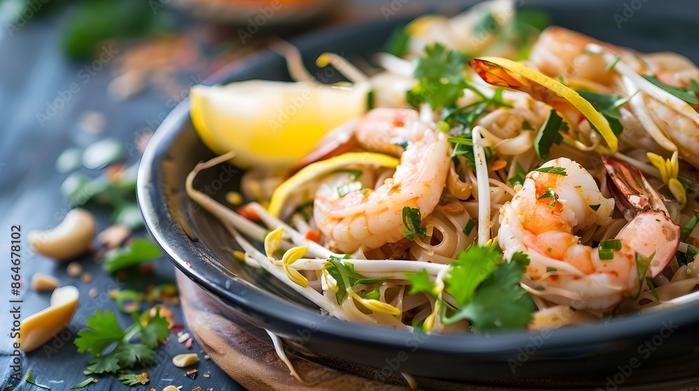 Savory Pad Thai with Succulent Shrimp and Vibrant Natural Lighting Savory Pad Thai with Succulent Shrimp and Vibrant Natural Lighting
