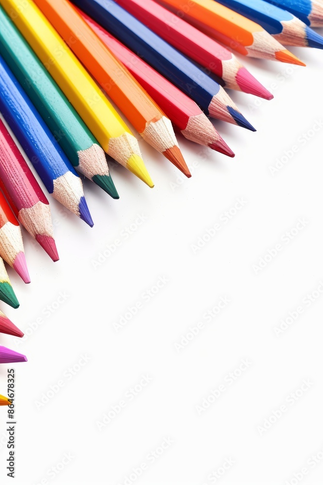 Colorful pencils in a semi-circle shape against a white background. Perfect for back to school, creativity, and education. Colorful pencils in a semi-circle shape against a white background. Perfect for back to school, creativity, and education.