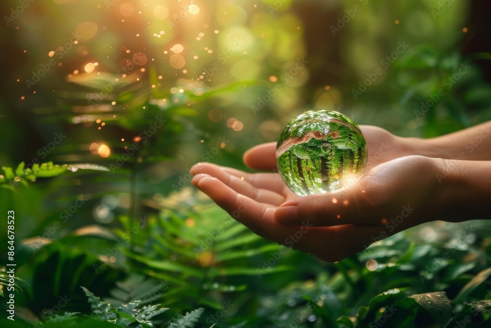 Protecting Our Planet. Hands Holding a Glass Globe of Earth in a Lush Forest. Concept of Environmentalism, Sustainability, and Conservation. Protecting Our Planet. Hands Holding a Glass Globe of Earth in a Lush Forest. Concept of Environmentalism, Sustainability, and Conservation.