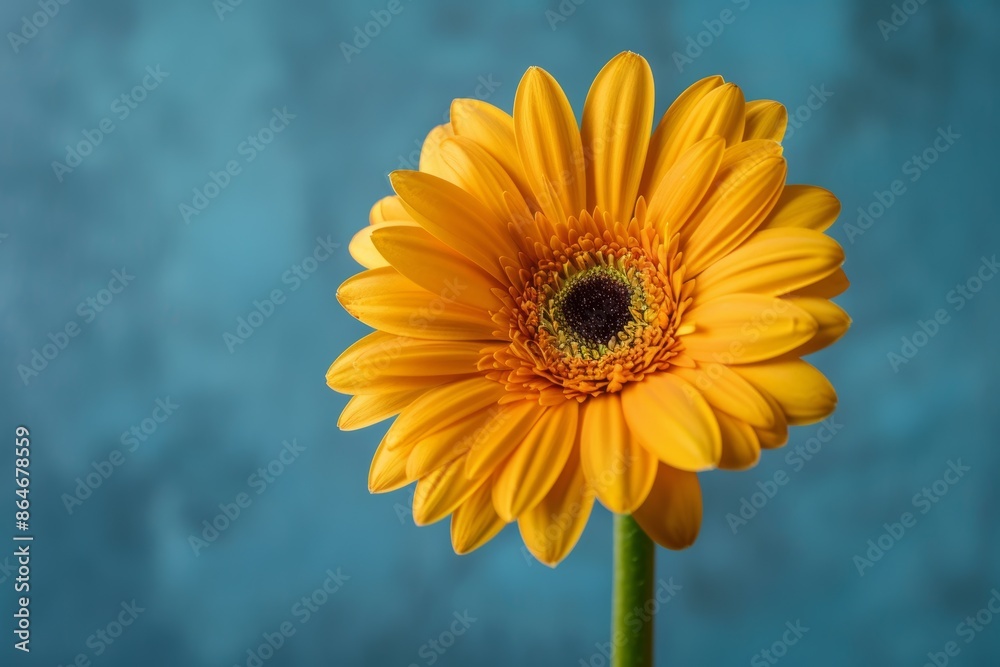 Single yellow gerbera daisy flower blooming on blue background. Nature, beauty, spring and floral photography concept. Single yellow gerbera daisy flower blooming on blue background. Nature, beauty, spring and floral photography concept.