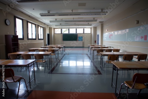 Wallpaper Mural Empty school classroom with desks, chairs, blackboard and windows, ready for the school day to begin Torontodigital.ca