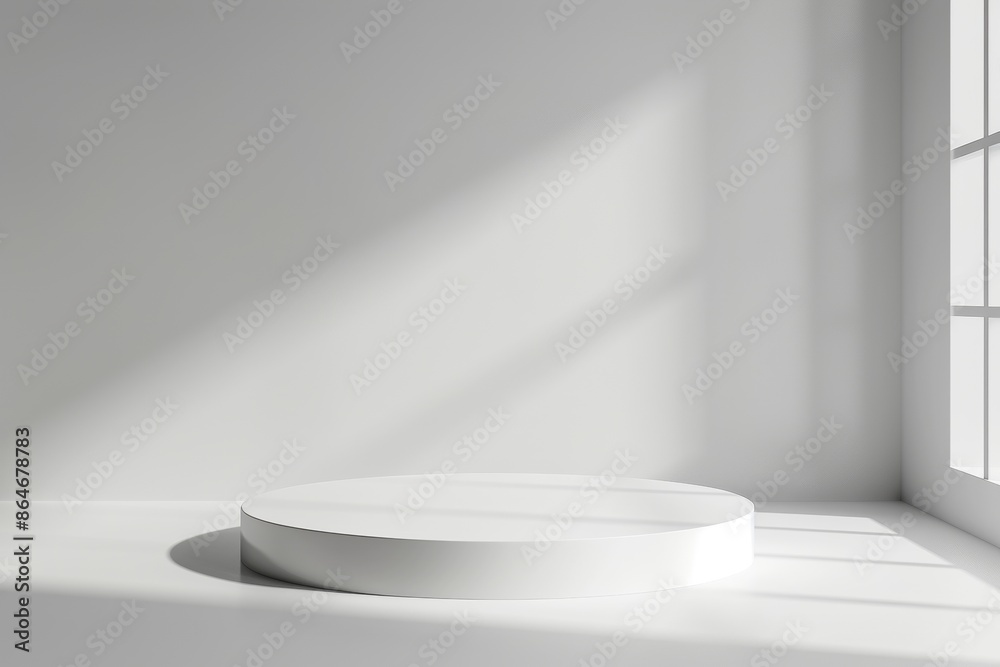 White minimalist product display podium with sunlight shadow. Blank stage for product presentation and branding. White minimalist product display podium with sunlight shadow. Blank stage for product presentation and branding.